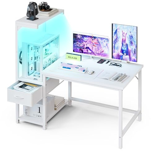 Grandder Gaming Desk 104 cm with CPU Stand and LED Light, Computer Desk with Reversible Shelves and Storage Drawer, Pc Small Desk for Home Office Table with Bag, Carbon Fiber White