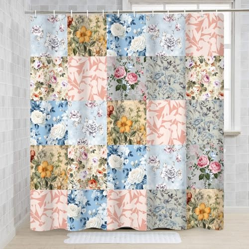 Xiazhilaio Vintage Boho Floral Shower Curtain with Hooks, Mid Century Retro Patchwork Floral Bath Curtain, Artistic Fabric for Bathroom Decor, 72 x 72 Inch