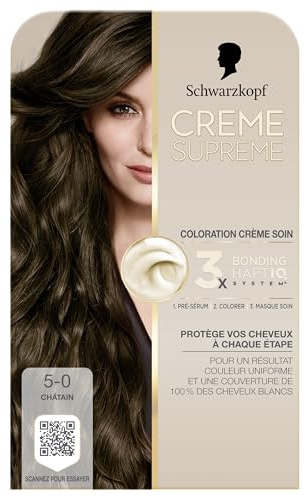 Creme Supreme Schwarzkopf Coloration Soin Permanente 5.0 Châtain | coloration cheveux, couleur 5-0 châtain, couvre cheveux blancs, couleur uniforme, pré-sérum et masque soin, Haptiq, éclat
