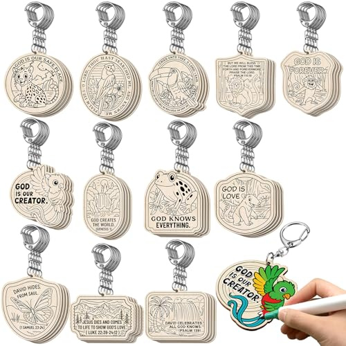 RattanView 48 Pcs Rainforest Falls Craft Color Your Own Keychains VBS