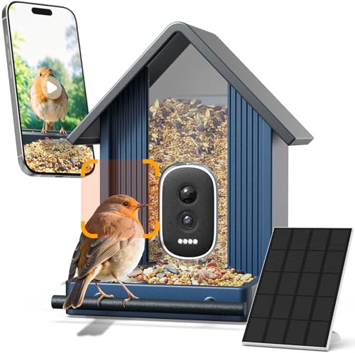 Intelligenter vogelhaus mit Kamera, 2,5K-UHD-Kamera, solarbetrieben, präzise KI-Erkennung, sofortige Benachrichtigungen und Videoaufzeichnung, wasserdicht nach IP66 für den Außenbereich, Metal Blau
