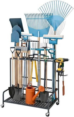Relaxdays Gartengeräteständer auf Rollen, 12 Haken, anthrazit | Garage & Schuppen, mobiler Werkzeugständer, Stahl