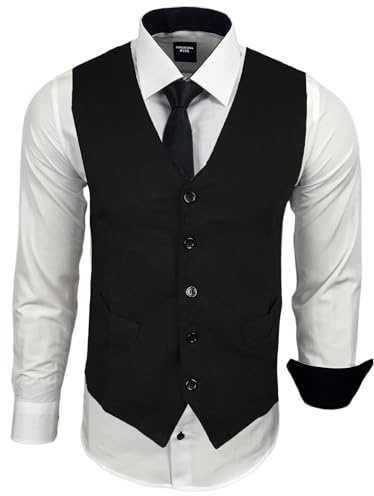 Subliminal Mode - Gilet + Chemise + Cravate Homme Col Bicolore Uni Manches Longues Coupe Ajusté Business Repassage Facile RN33 Noir et Blanc XL