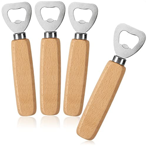 COM-FOUR® 4x Abrebotellas de acero inoxidable con mango ergonómico de madera de haya - Abrebotellas sin logotipo (04 piezas - madera)
