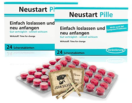 Lustige Pillen NEUSTART Pille 2er Set, als Geburtstagsgeschenk. Spaß, Anti Stress, gute Laune, Junggesellenabschied Mann und Frau. mit John Silver® Orakelsprüchen