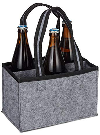Relaxdays 6er Flaschenträger, Filz, Männerhandtasche Bier, Stoff Flaschentasche für 0,5 l Flaschen, 15x24x15cm, grau, 1 Stück