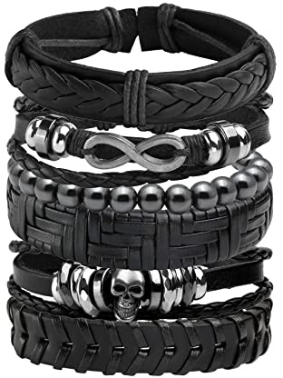JJDreams 6PCS Punk Armband Herren Armbänder Set Schwarz lederarmband Gothic Geflochtene Armreif Leder