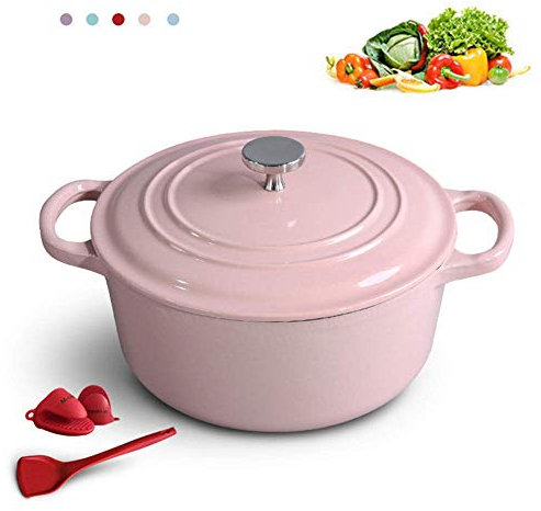 Sywlwxkq Plato para cazuela, 24 cm, Cacerola Plana de Hierro Fundido esmaltado Exclusivo con Tapa, Ideal para Cocina clásica, con Pala y Guantes Anti-Quemaduras Horno/Rosa