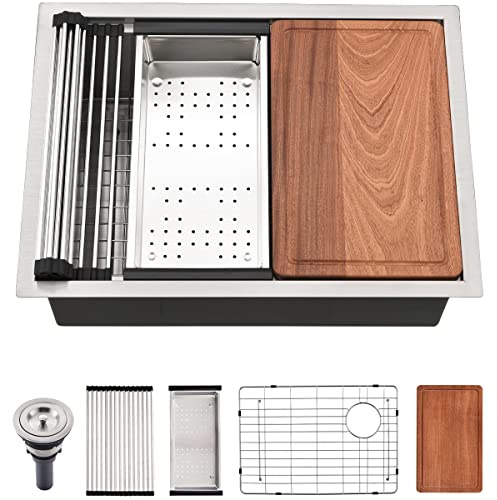 Jshozzy 25 inch Undermount Kitchen Sink Workstation 16 Gauge Stainless Steel Single Bowl Kitchen Sink with Offset Drain