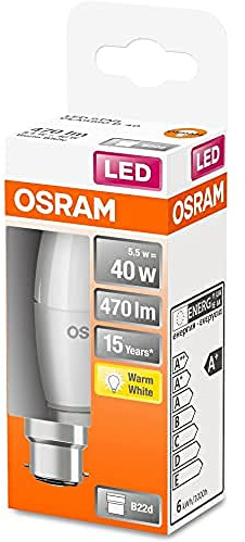 OSRAM Lampada LED, Attacco: B22d, Warm White, 2700 K, 4,90 W, sostituzione per 40 W Incandescent bulb, opaco, LED STAR CLASSIC B,Confezione da 6