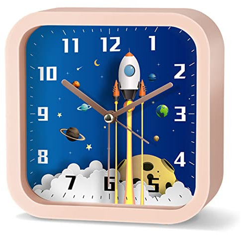 EXQULEG Kinderwecker Jungen Ohne Ticken, Kinder Wecker Weltraum Astronauten, Analoger Wecker Reisewecker für Junge Mädchen und Schüler (Rosa,Platz)