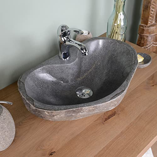 Steinwaschbecken 50 cm oval mit Hahnloch Bad WC Garten Flussstein Aufsatz-Waschbecken Handwaschbecken WOHNFREUDEN