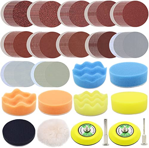 128pcs Sandpaper 3 Inch Polishing Kit for Drill Wet and Dry Sandpaper with 1/8&1/4 Backer Plate Shank, Headlight Restoration Kit, Drill Sanding Attachments Buffing Pads for Auto, Wood
