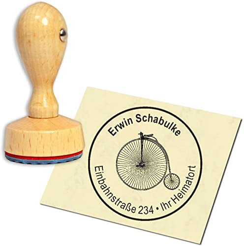 Stempel Adressstempel Holzstempel - altes Hochrad - rund ∅ 40mm personalisiert als Firmenstempel Namensstempel Bürostempel
