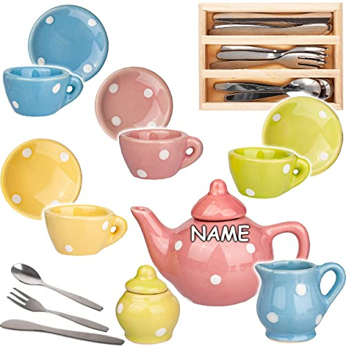 alles-meine.de GmbH 25 TLG. Set Puppengeschirr/Teeservice & Kaffeeservice + Besteckset - inkl. Name - Bunte Punkte - Geschirr Porzellan/Keramik - Porzellangeschirr - Kinder..