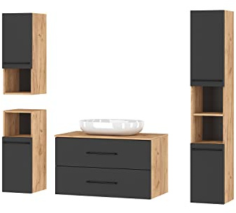 Planetmöbel Badmöbelset Waschtischunterschrank LUX 90 cm OHNE | Waschbecken, mit Hochschrank Gold Eiche / Anthrazit und 2x Midischrank Gold Eiche / Anthrazit