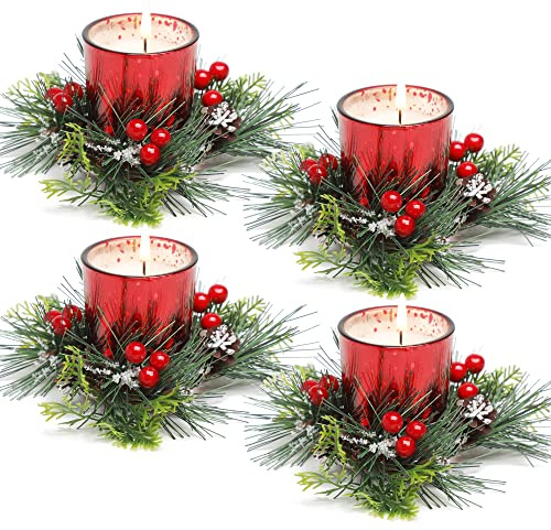 FUND AMLIGHT Weihnachten Teelichthalter Kerzen aus 100% Sojawachs Votivkerzenhalter für Tischdekoration 4-teilig, Adventskranzkerzen Set für Advent Weihnachten (Rot)