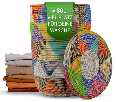 YAADU XXL - Cesta para la ropa (80 L, tejido africano con asas, gran almacenamiento, modelo Khaliss (colorido triángulo plano)