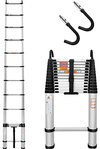 5M Aluminum Telescoping Ladder with Detachable Hooks Telescopic Extension Ladder Retraction Collapsible Ladder Portable Folding Lightweight, Capacity 330LBS
