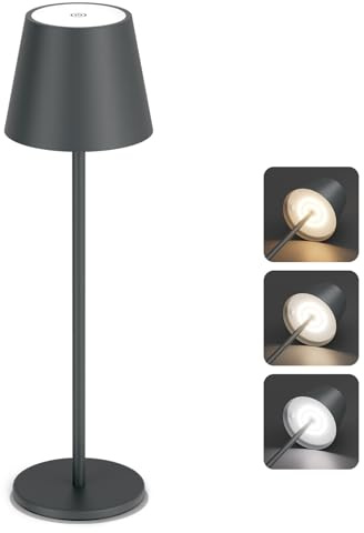 Aipsun Dimmbare LED Akku tischleuchte Anthrazit mit 5500mAh[5V 2A], Wiederaufladbar Warmweiß(2700k-6000k) Aluminium Outdoor Tischlampe IP54, Schlafzimmer,Bar,Camping