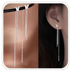 Butterfly Threader Earrings Silver Long Chain Thread Earrings Line Pull Through Earrings Long Bar Tassel Dangle Earrings Bead Chain Drop Earrings Dangling Earrings Jewelry for Women and Girls Gift