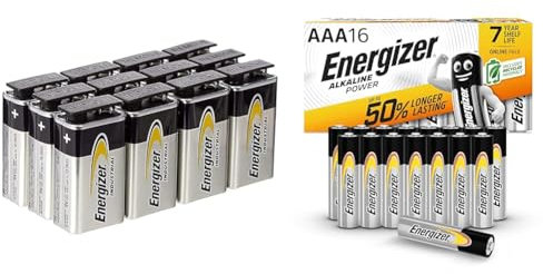 Energizer Industrial 9V Lot de 12 Piles alcalines & Alkaline Power AAA, 16 Pack