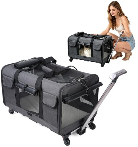 PETCUTE Transportväska för hund/katter med hjul, vikbar kattväska, transportväska med teleskopiskt handtag, andningsbar kattlåda med avtagbar matta, godkänd