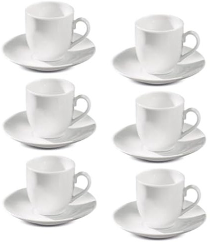 Set di 6 Tazzine da caffè Espresso Bianche con Piattini, in Porcellana Bianca Resistente, Set di Tazze da tè/caffè,Lavabile in Lavastoviglie