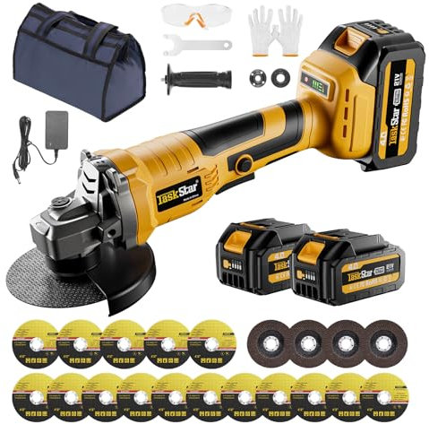 Smerigliatrice Angolare a Batteria, TaskStar 125mm Smerigliatrice angolare Senza Fili con Batterie da 4000mAh e caricabatterie, Motore Brushless 9500 Giri/min, Tagliare e Lucidare (125mm)
