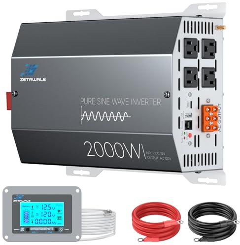2000 Watts Pure Sine Wave Inverter 12V DC to 110V/120V AC Converter, 4000W Peak, LCD Remote Control, 4 AC Outlets, USB & Type-C – for RV, Truck, Off-Grid Solar, Emergency Power Backup