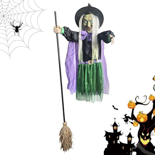 Animierte schwebende Hexe, Gartenhexen-Requisite, Hexe auf Besen, gruselige animierte Hofhexe, Outdoor-Dekorationen für Garten, Hof, Rasen