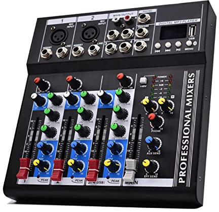 MRKU Mesa mezcladora Profesional para DJ, Cada Canal Mono con ecualización de 3 Bandas, Mezclador de Audio Integrado, 6 Modos de música, Consola de Mezcla Digital de 4 Canales