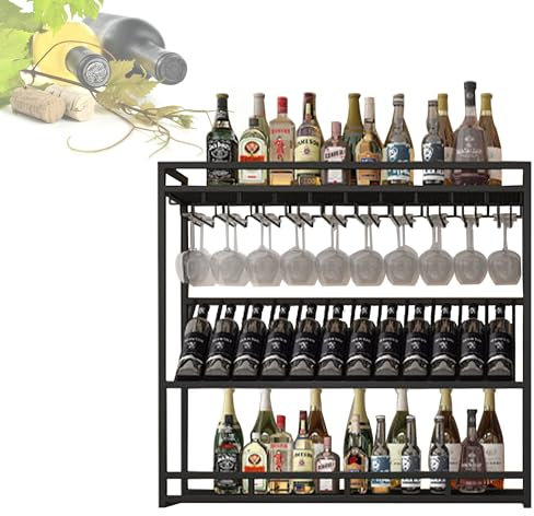 Weinregal Wand Metall Flaschenregal Schmal Wine Rack Bar Regal Wand Schmal Weinschrank Hausbar Barschrank mit Weinglashalter Getränke Regal Mini Bar Mehrzweckregal für Küche Bar Esszimmer(Nero,150cm/5