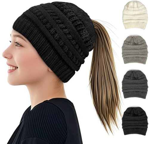 AUYAO Women Ponytail Beanie Knit Hat, Stretch Soft Cable Knit Hat with Hole for Ladies, Stylish Thermal Warm Winter Ponytail Knit Cap, Slouchy Ribbed Messy High Bun Ponytail Hat for Outdoor Sport