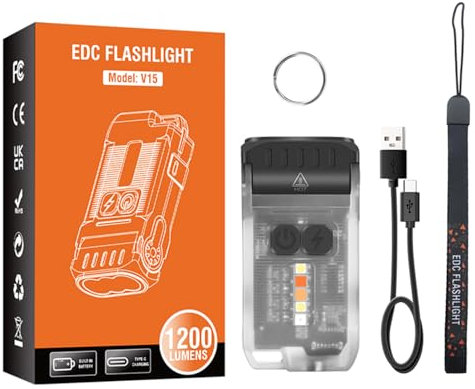 MODOAO V15 Mini-Taschenlampe, 80 ° drehbare EDC-Taschenlampe mit Clip, USB-C-LED, wiederaufladbar, kleine Taschenlampe, Schlüsselanhänger, wasserdicht, 10 Modi, Schwanz-Magnetlampe mit warmem rotem
