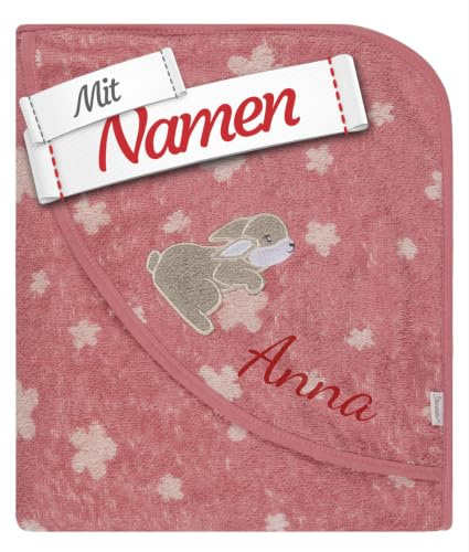 Sterntaler Kapuzenhandtuch mit Namen Bestickt - Babybadetuch mit Kapuze 100x100 cm aus 100% Baumwolle, Tierdruck, Hase Hanni, Geschenk zur Geburt Taufe