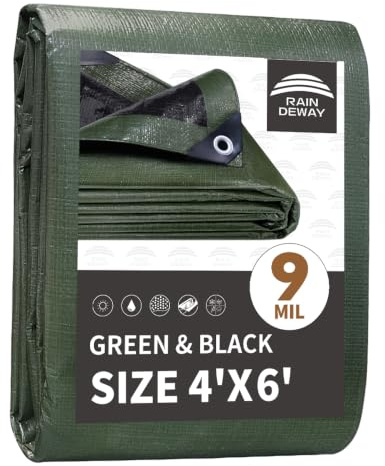RAINDEWAY Small Tarps 4x6 Feet Waterproof,9Mil Green/Black Tarp Cover | Camping,Tent,Multipurpose Cover with Metal Grommets,Sturdy Corners and Reinforced Edges,Finished Size,UV Resistant,Durable