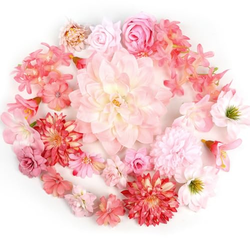 QUOZUO Artificial Flower Heads, Mini Silk Roses Peonies Daisy Pink Floral Fake Flower Heads for DIY Wreath Gift, Cake Decorations, Table Centerpieces, Party Wedding Home Decoration, 26PCS