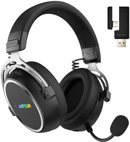 HATOR Hypergang 3 Wireless Gaming-Headset – Hi-Res Audio, Hybrid ANC, 45h Akku, Spatial Audio, Bluetooth & 2.4GHz, abnehmbares Mikrofon, RGB, Head Tracking, SyncHUB App – Schwarz