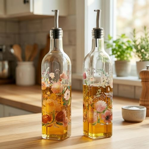 DUSVALLY Oil Bottle Vinegar Cruet Olive Oil DFor Kitchen Cooking 2 PACK 17oz，Pink Flowers