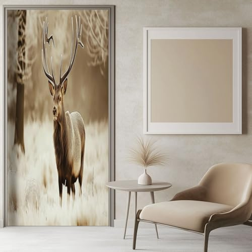 Tür Tapeten Selbstklebend Hirsche und Wälder 86x200 cm braun Türposter Türaufkleber Wasserdicht Abnehmbare Vinyl Türfolie Fototapete Diy Wandbild Schlafzimmer Badezimmer