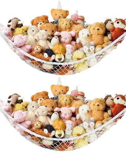 Stuffed Animal Storage Hammock Net Corner - Large Toy Hammock Net for Stuffed Animals Room Decor - Cute Stuff Animal Organizer Holder for Plush Plushie - Kids Baby Nursery Wall Bedroom Home Decor