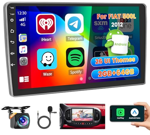 Roinvou 2+64G Android-bilradio för FIAT 500L 2012-2017 med trådlös CarPlay Android Auto, 10,1-tums 2 DIN-radio med MirrorLink, Wi-Fi, GPS, Bluetooth, EQ, FM/RDS, SWC och backkamera