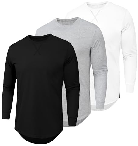 Mens 3 Pack Plain T Shirts Crew Neck Long Sleeve Cotton Casual Tee Shirts Hipster Hip Hop Longline Droptail Shirt(BKLGWT 3XL)