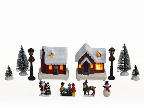 MerryPulse Christmas Village Sets, 12 Pcs Christmas Village Houses with Figurine Accessories Town Building Collection Decoration