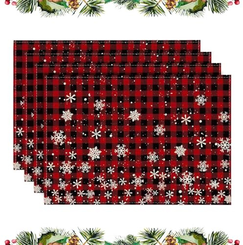 KASESSS Set Di 4 Tovagliette Natalizie A Quadri, 30x45cm Sottopiatti Natalizi Con Motivo A Fiocchi Di Neve, Poliestere-Lino Di Alta Qualità Vintage Tovaglietta Lavabile Per Centro Tavola Natalizi