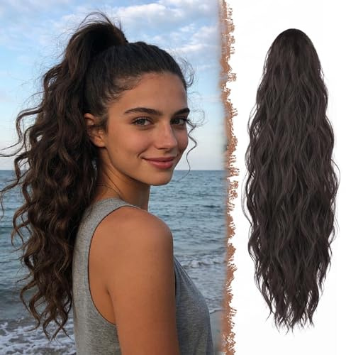 AURIVEE Postiche Queue de Cheval Extension Naturel - Cheveux Synthétiques Bouclés 63cm avec Pinze, Rajout Cheveux pour Femmes Noir Brun - Facile à Porter pour Soirée Mariage Quotidien