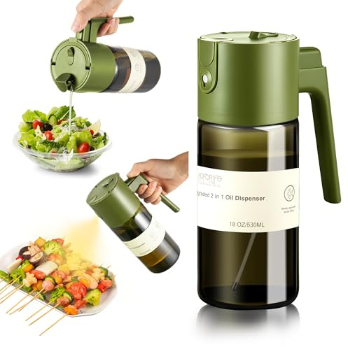 hoforife Glass 2 In 1 Olive Oil Dispenser Bottle for Kitchen Gadgets, Olive Oil Sprayer for Cooking 17oz/500ml (Light Blockage, Green)