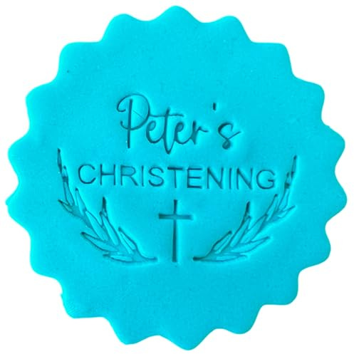 Personalised Cookie Stamp with Free Scallop Cutter, Christening Baptism Confirmation, 5cm Acrylic Biscuit Embosser, Food-Safe Plastic Baking Tool, Fits M&S All Butter Biscuits (Design 3)