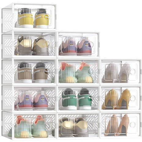 SONGMICS Schuhboxen, 12er Set, Aufbewahrungsbox für Schuhe, robust, faltbar und stapelbar, für Schuhe bis Größe 43, Sportschuhe, High Heels, flache Schuhe, transparent-weiß LSP106W12V2
